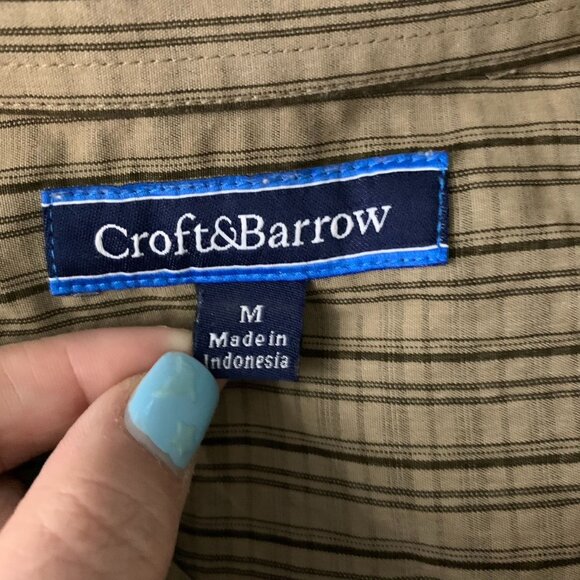 Croft & Barrow Button Up Short Sleeve Shirt M Brown Striped Chest Pocket Collar - Picture 6 of 6